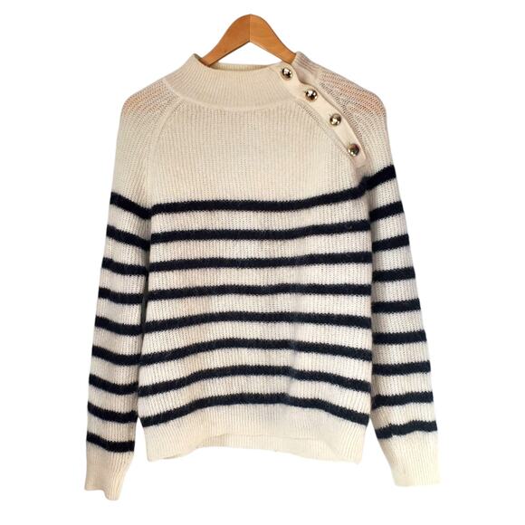 Sezane Trudy Jumper Wool Sweater Natural Navy White Striped Gold Button Small - Picture 3 of 10